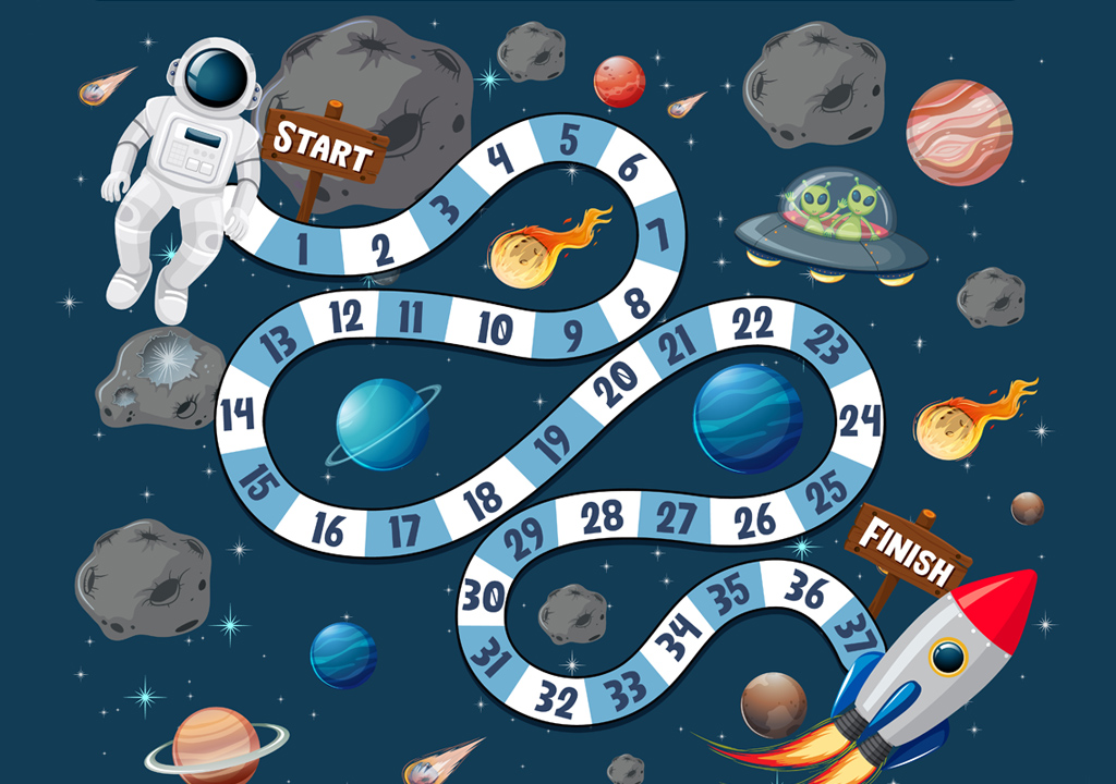 Ilustracija društvene igre s astronautom koji se probija do svoje rakete za blog post na webshopu Pandin brlog