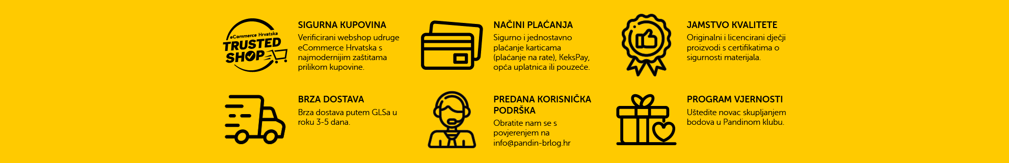 Ikone o benefitima kupovine na webshopu Pandin brlog s opisima značenja ikona