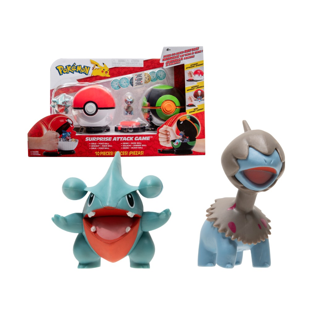 Pokemon "Surprise Attack" Gible vs. Deino prikaz seta za igru sa sadržajem i pakiranjem