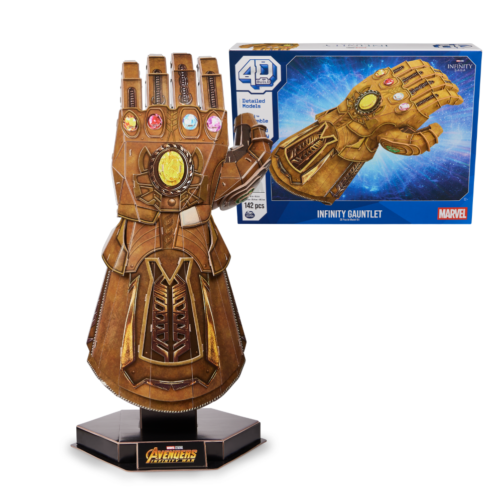 Marvel 4D slagalica Infinity Gauntlet prikaz složene rukavice i pakiranja igračke