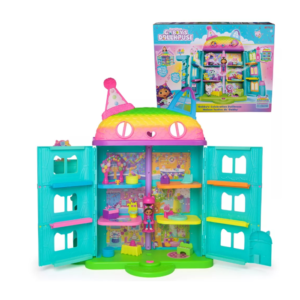 Gabby's Dollhouse kuća za lutke Purrfect Party s figurom i dodacima – novo izdanje, prikaz kuće i pakiranja