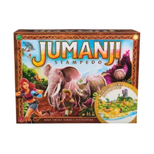 Jumanji Stampede obiteljska društvena igra s figurama i 3D pločom, na hrvatskom jeziku prikaz pakiranja društvene igre
