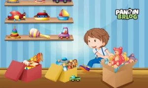 Pandin brlog webshop – ilustracija dječaka koji slaže igračke u kutije u sobi s policama igračaka